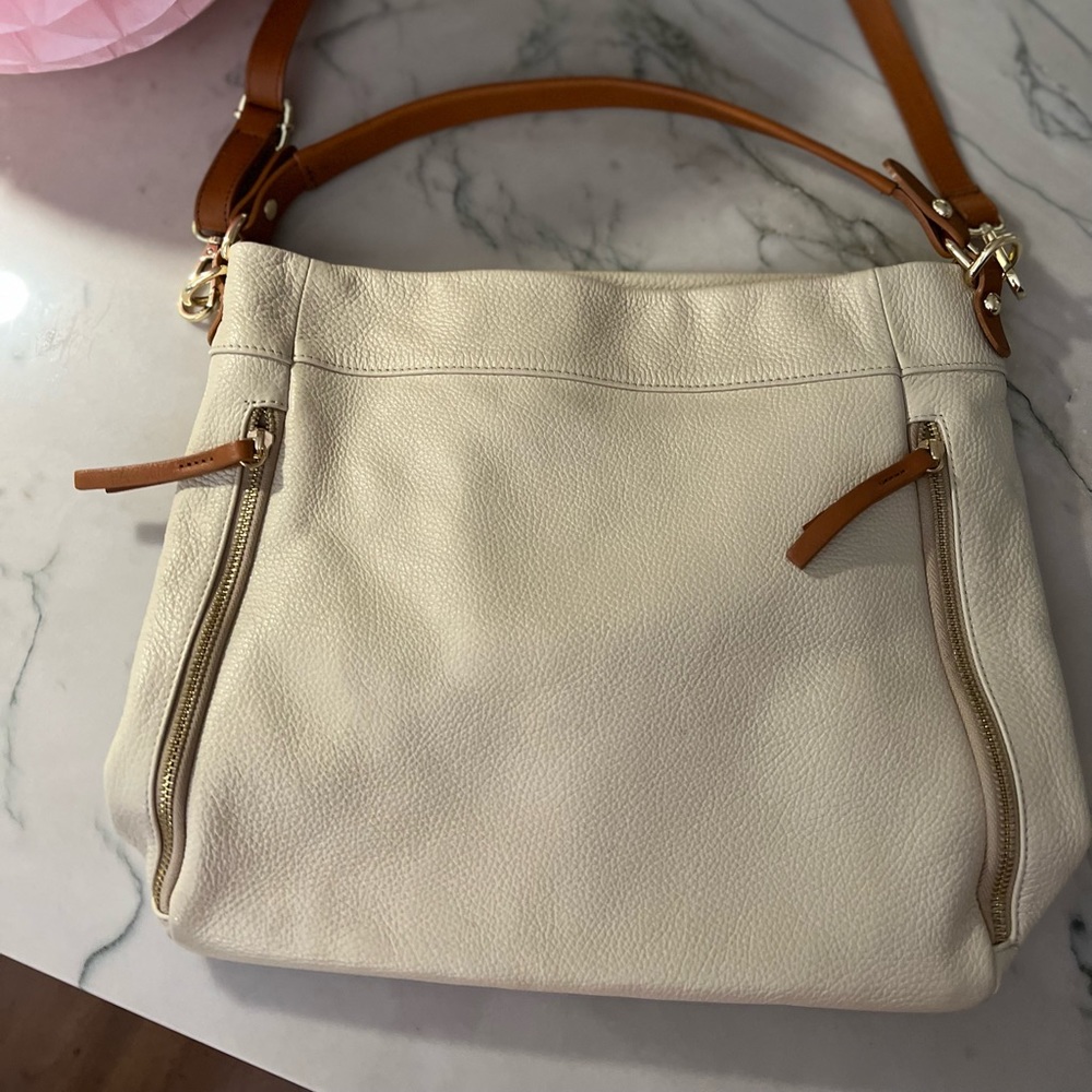 Valentina leather satchel/purse color cream and tan straps . Handles - Picture 6 of 15